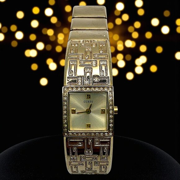 Guess Womens Gold Plated Square Face Watch With Crystal Accents & Adjustable Bra - Picture 1 of 8